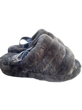 UGG Fluff Yeah Slide Slippers Gray Size EU 40 US 9 Women Sheepskin Elastic Strap